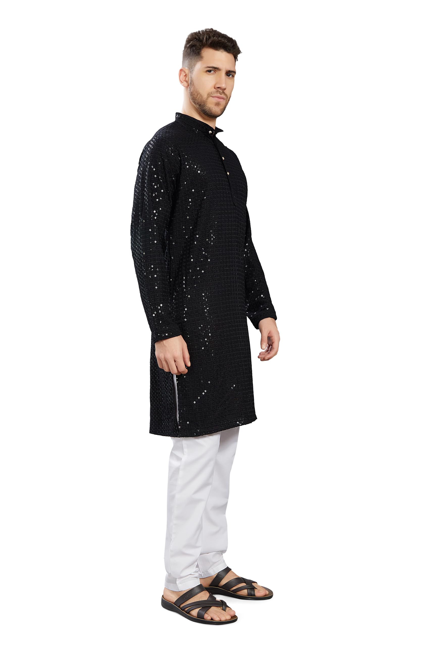 Divisive Men's Sequince Embroidered Cotton Blend Slim Fit Kurta Pyjama Set (Dkrt1005_M_Black)