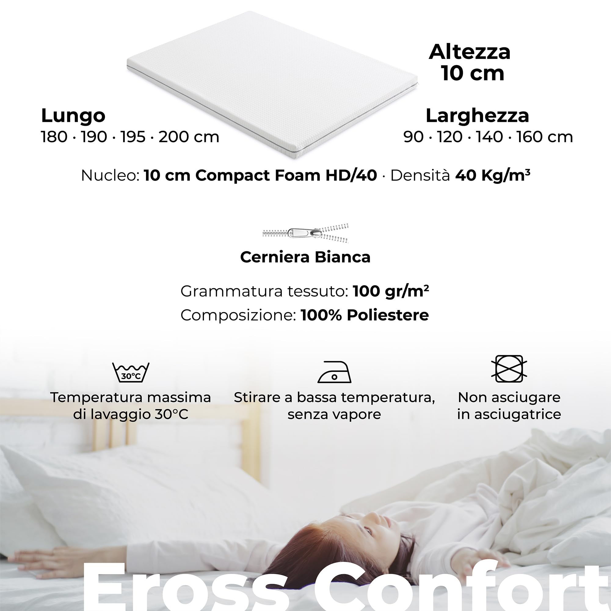 Materasso per divano letto 160x190x10 Italian Bubble System. Fermezza media superiore. Altezza 10 cm. Rimovibile e lavabile