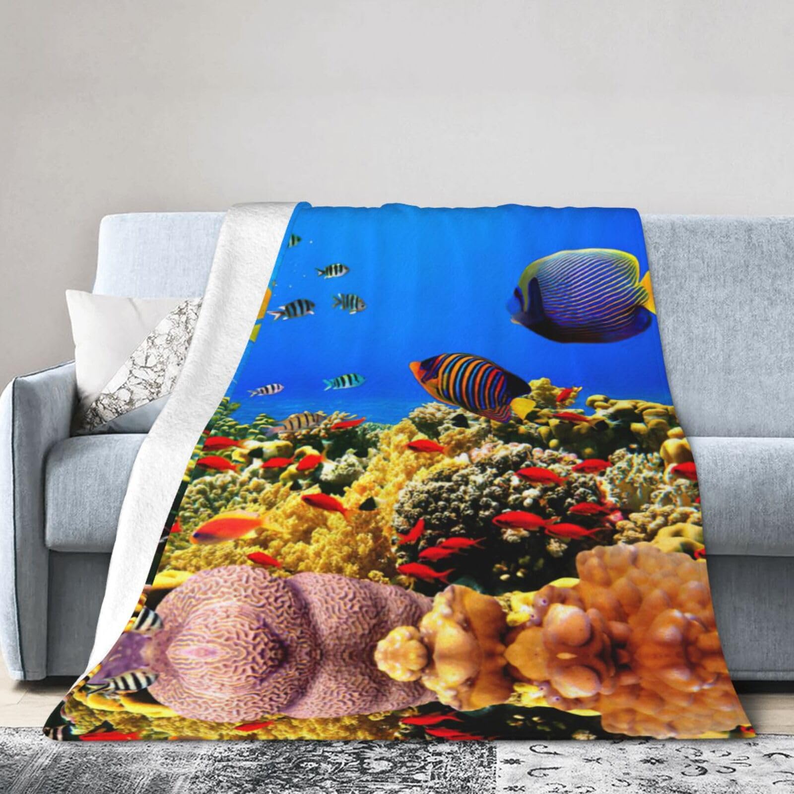 Couverture flanelle motif poisson de mer lit canapé
