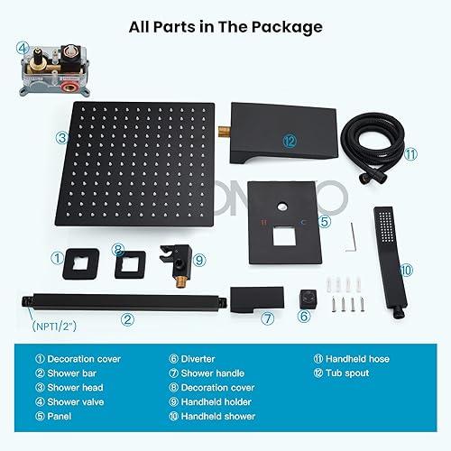 Miniatura 7 de gotonovo Juego de grifo de ducha mezclador de lluvia con boquilla de cascada, sistema de ducha de lluvia, montaje en techo, cabezal de ducha con