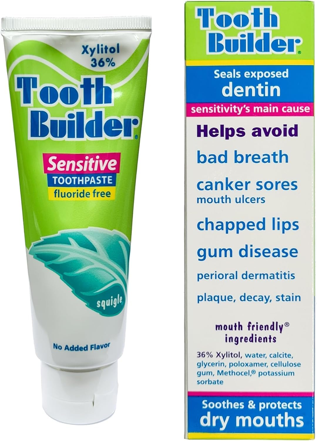 Squigle Tooth Builder Sensitive Toothpaste - 36% Natural Xylitol, SLS Free, Fluoride Free, Canker Sore Treatment. Prevents Bad Breath, Perioral Dermatitis, Chapped Lips. Soothes Dry Mouth - (6 Pack)