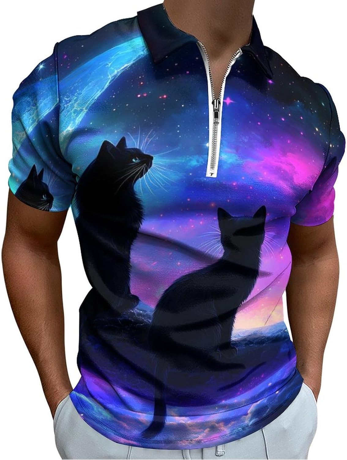 Cat Butterflies Moon Polo Shirts for Men Dress Shirts Short Sleeve Golf Shirt Casual T-Shirts Top