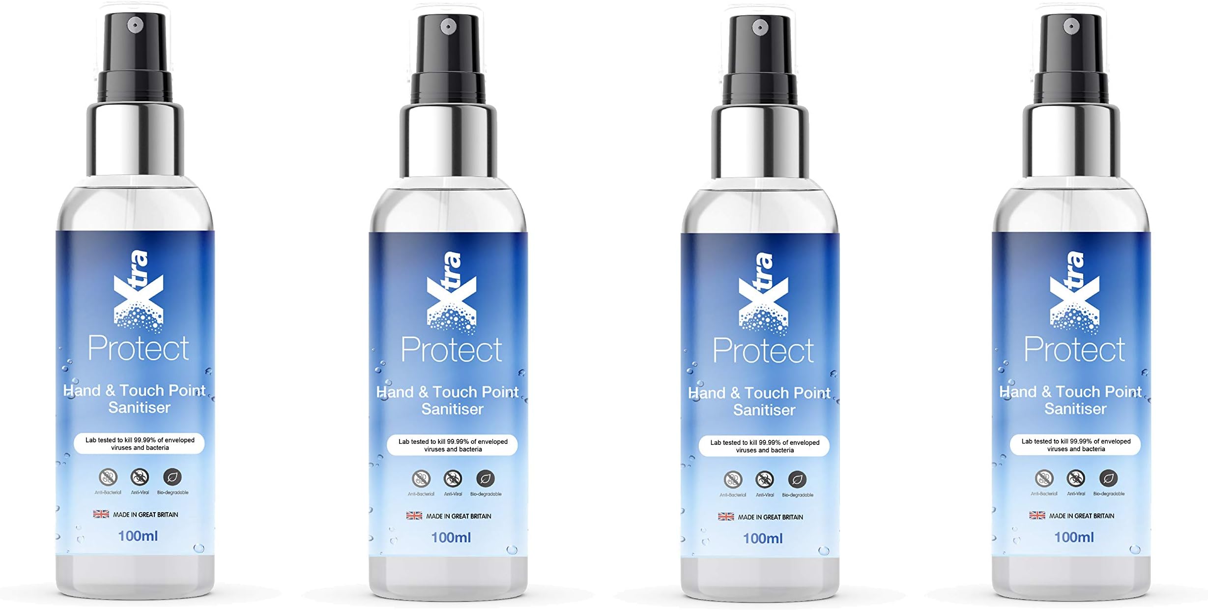 XtraProtect Hand and Touch Point Sanitiser Travel Size. 4 x 100ml. Ready to use spray.