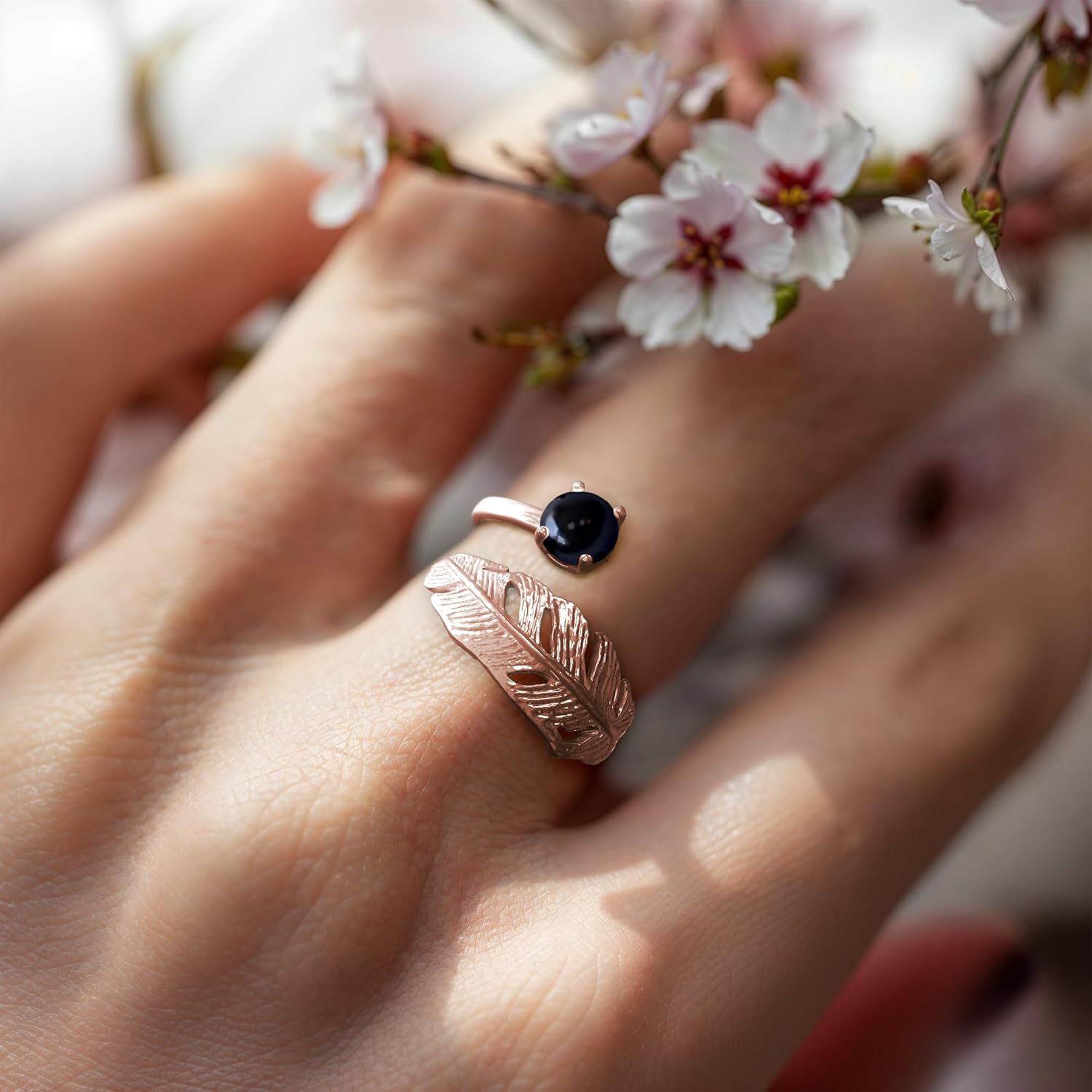 Adjustable Feather Ring For Women with Onyx Gemstone in 14K Rose Gold Plated on 925 Sterling Silver - Open Ended Spiral Ring; Dainty Feather Sizable Ring Jewelry, Handmade Jewelry For Women - Image 3
