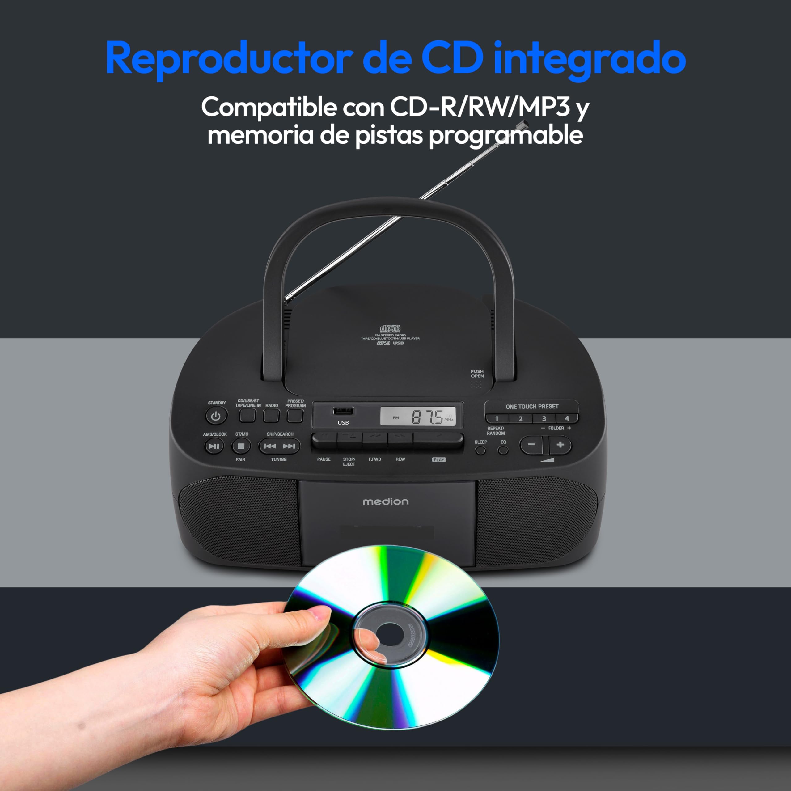 MEDION E65010 Radio estéreo (Reproductor de CD, Casete, conexión USB, Entrada de Audio AUX, reproducción de MP3, Radio FM PLL, Memoria de 40 emisoras, Funcionamiento con Pilas