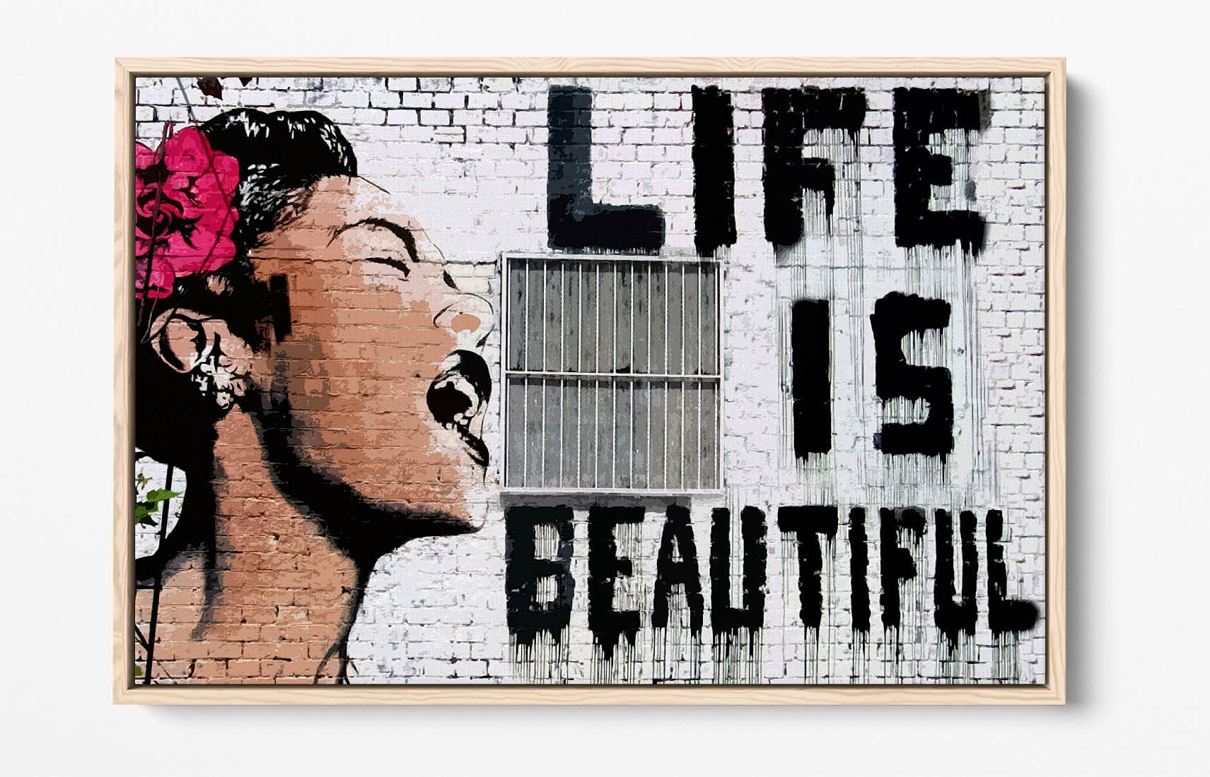 Canvasartshop Oak - Banksy Life Is Beautiful Graffiti- Float Effect Framed Canvas Wall Art Picture Print (, 36X24)