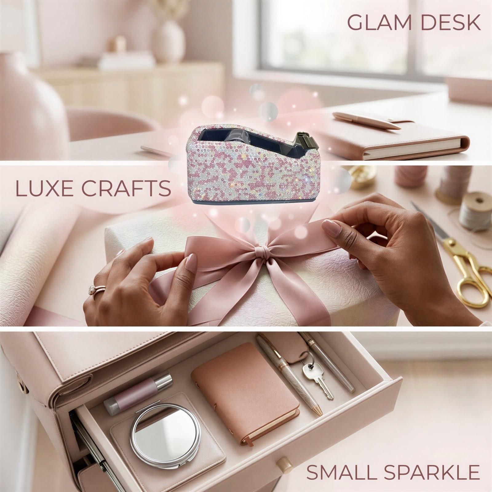 Strass-Klebebandabroller, glitzernder Schreibtisch-Klebebandabroller für Geschenkverpackungen, Multifunktions-Klebebandschneider, Kristall-Schreibtischzubehör, manueller Tischhelfer mit Strass