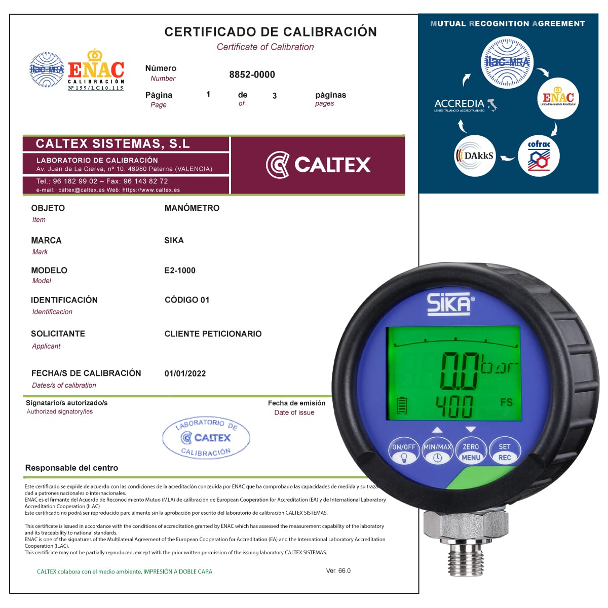 Manómetro Certificado SIKA E2 (Rango: 0 a 1000 bar) - Manómetro Calibrado ENAC - Incluye Certificado de Calibración Acreditado