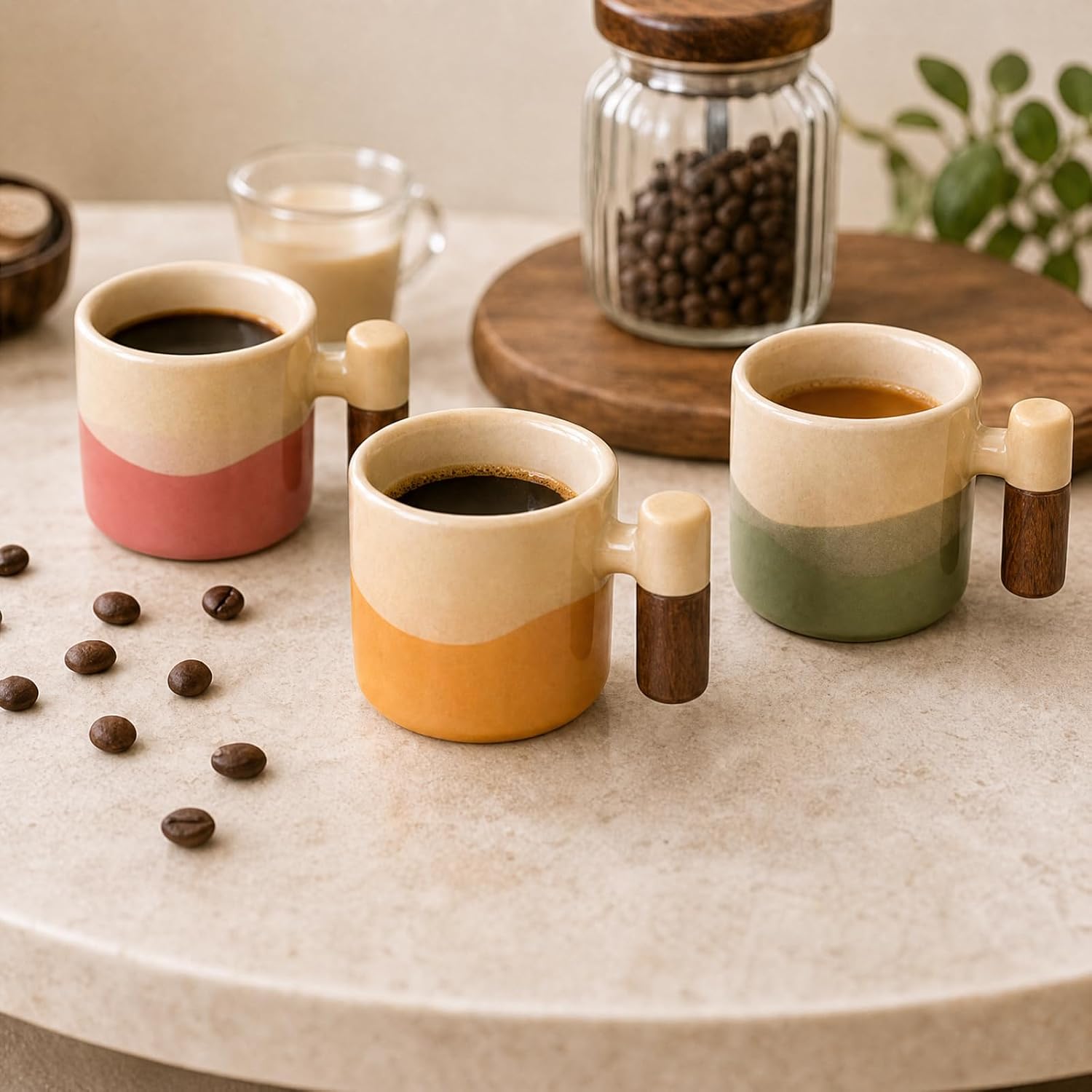 Gradient Ceramic Demitasse Espresso Cups Set Of 4 Wooden Handle 2.87 Oz Cute Small Ceramic Cup Gift Box For Home Cafe Office Holiday Housewarming Present