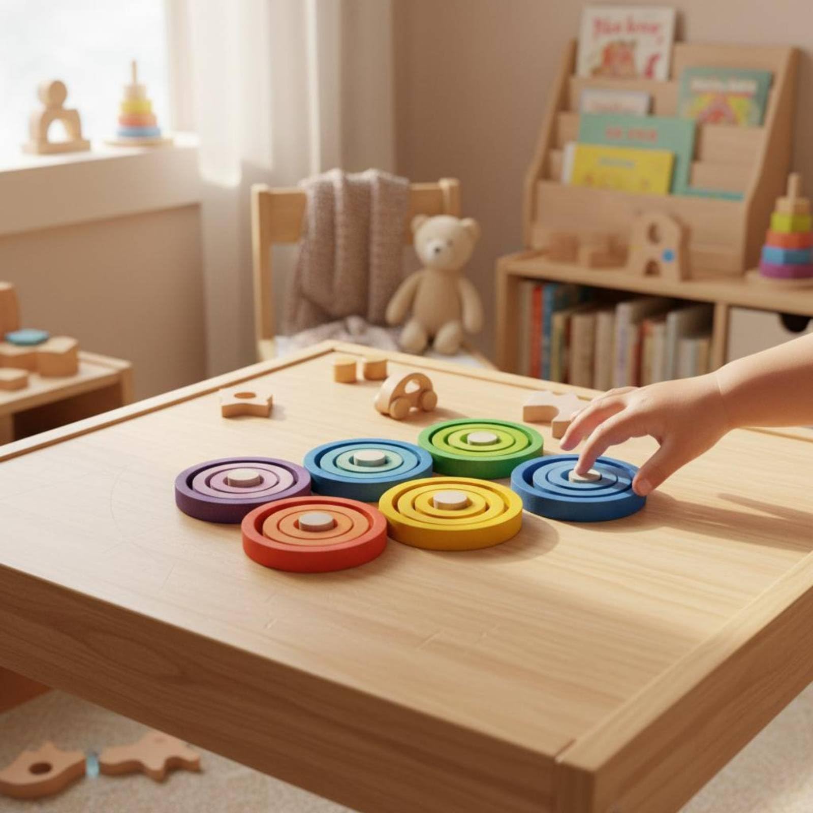Aros Apilables para Niños Juguete Educativo de Madera Puzzle de Discos Torre de Anillos Juego de Apilar Beech Liso para Aprendizaje Táctil y