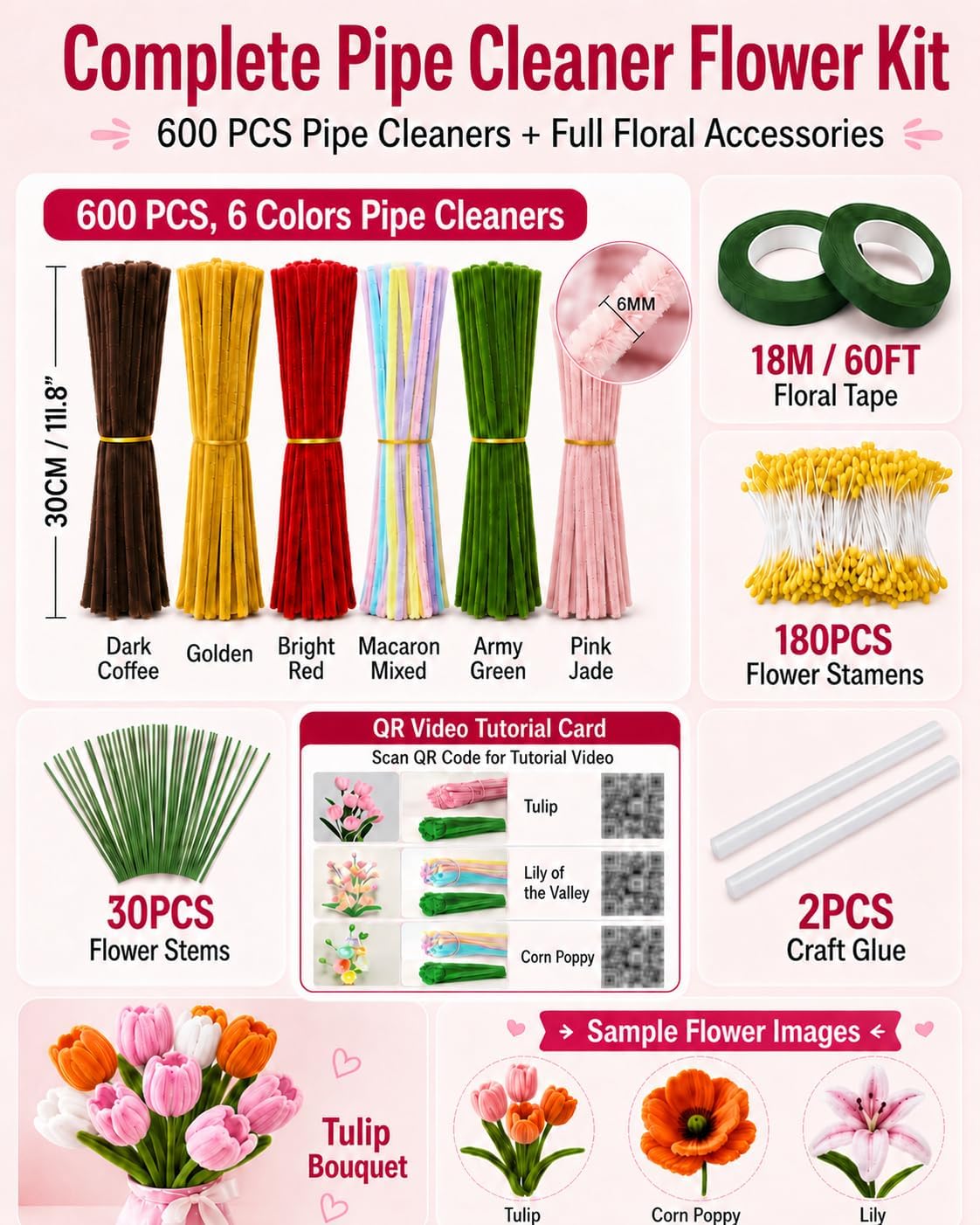 Anpyxun Pipe Cleaner Flower Kit for Adults, 600 PCS All-in-One Chenille Stems Flower Bouquet Making Kit with Video Tutorials, 6 Colors DIY Forever Flower Craft Supplies for Home Decor & Gifts