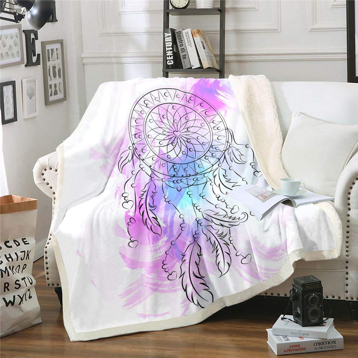Manta bohemia de felpa con diseño de atrapasueños, con plumas bohemias, atrapasueños, manta de forro polar para niños y niñas, con plumas exóticas, manta de sherpa rosa mullida para sofá cama, tamaño