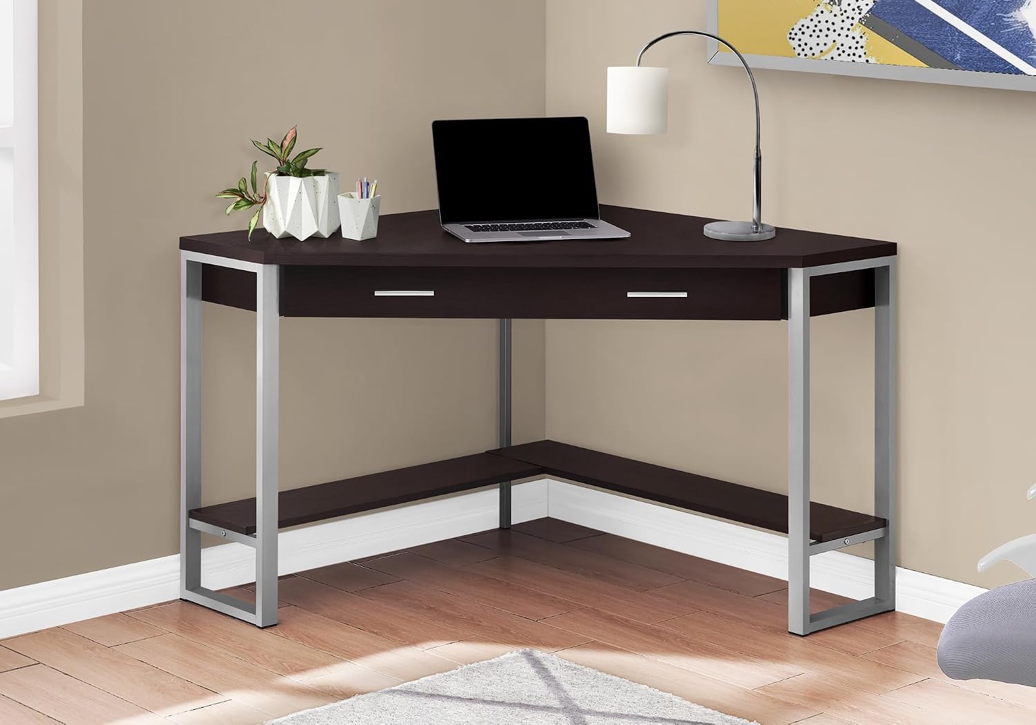 Pemberly Row Corner Computer Desk, 42" L, Particle Board and Metal, Cappuccino and Silver Finish, 1 Drawer with Shelf, Traditional Style for Home Office or Apartment Workspace