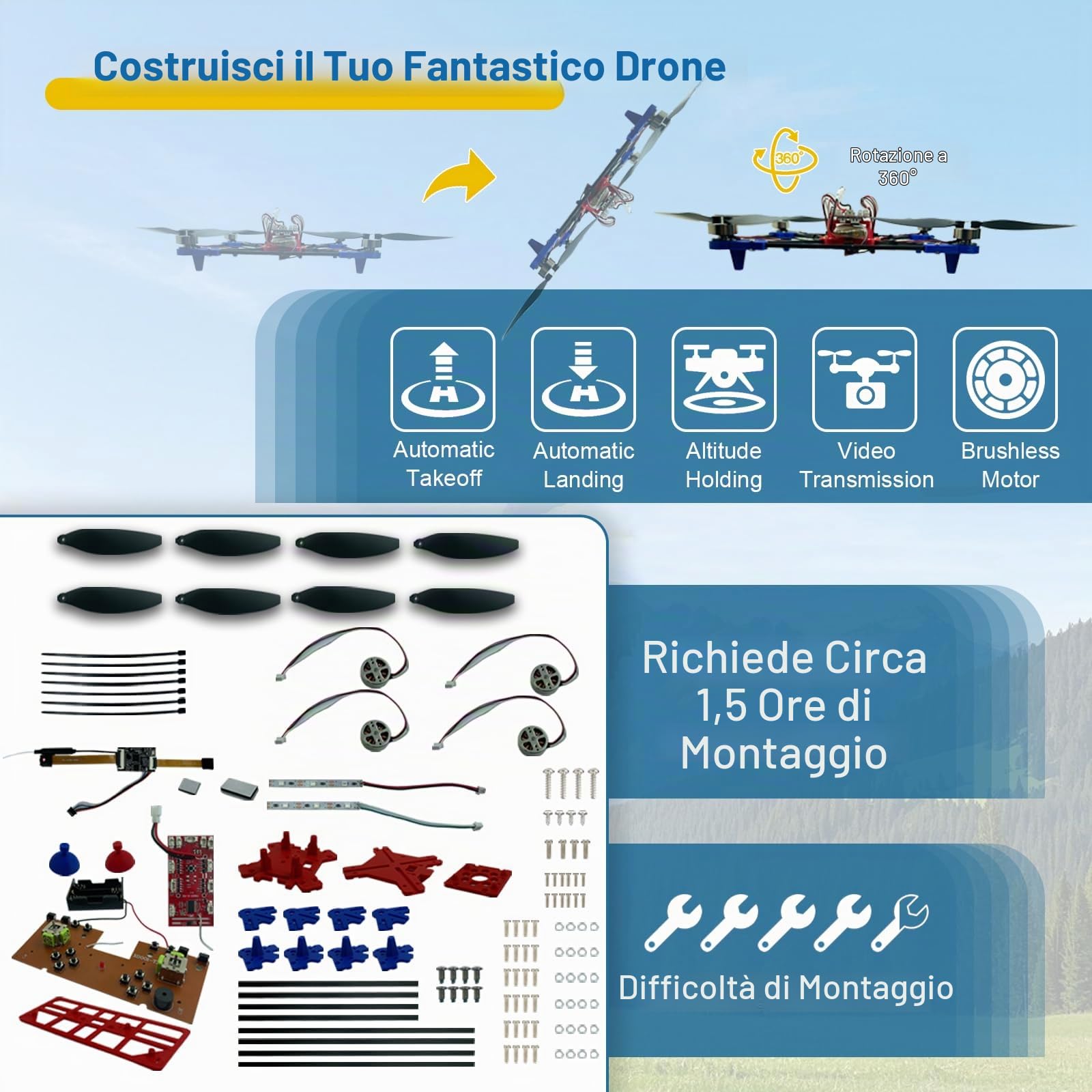Kit fai da te per drone quadrotore: un progetto STEM unico con motore brushless, flusso ottico in bilico, decollo e atterraggio con un clic e rotazione a 360° per gli appassionati di fai da te per