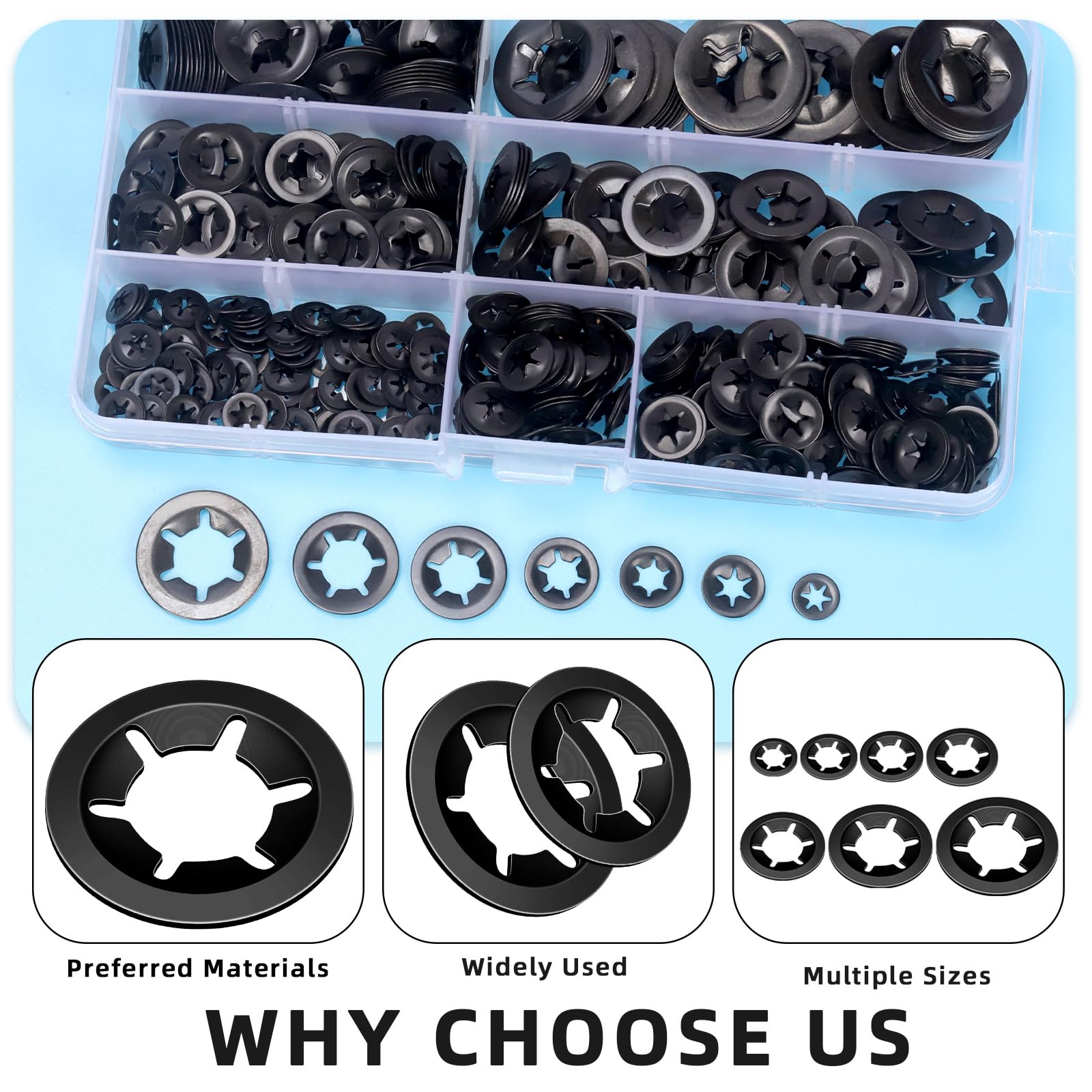 Glarks 600Pcs Metric M3 M4 M5 M6 M8 M10 M12 65Mn Black Big Internal Tooth Star Lock Washers Assortment Kit External Push Rings Quick Speed Locking Washers - Image 3