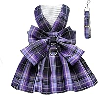 Vista 1 de PETCARE Vestido de perro a cuadros con pajarita y arnés para perros pequeños, gatos, niñas, lindos vestidos de princesa para perro, primavera