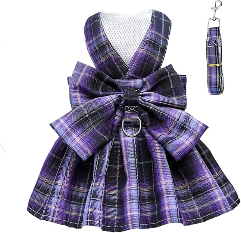 Vestido de perro a cuadros Pajarita Arnés Correa Conjunto para perros pequeños Gatos Niña Lindo Princesa Vestidos para perros Primavera Verano Cachorro Conejito Ropa Chihuahua Yorkies Trajes para mascotas