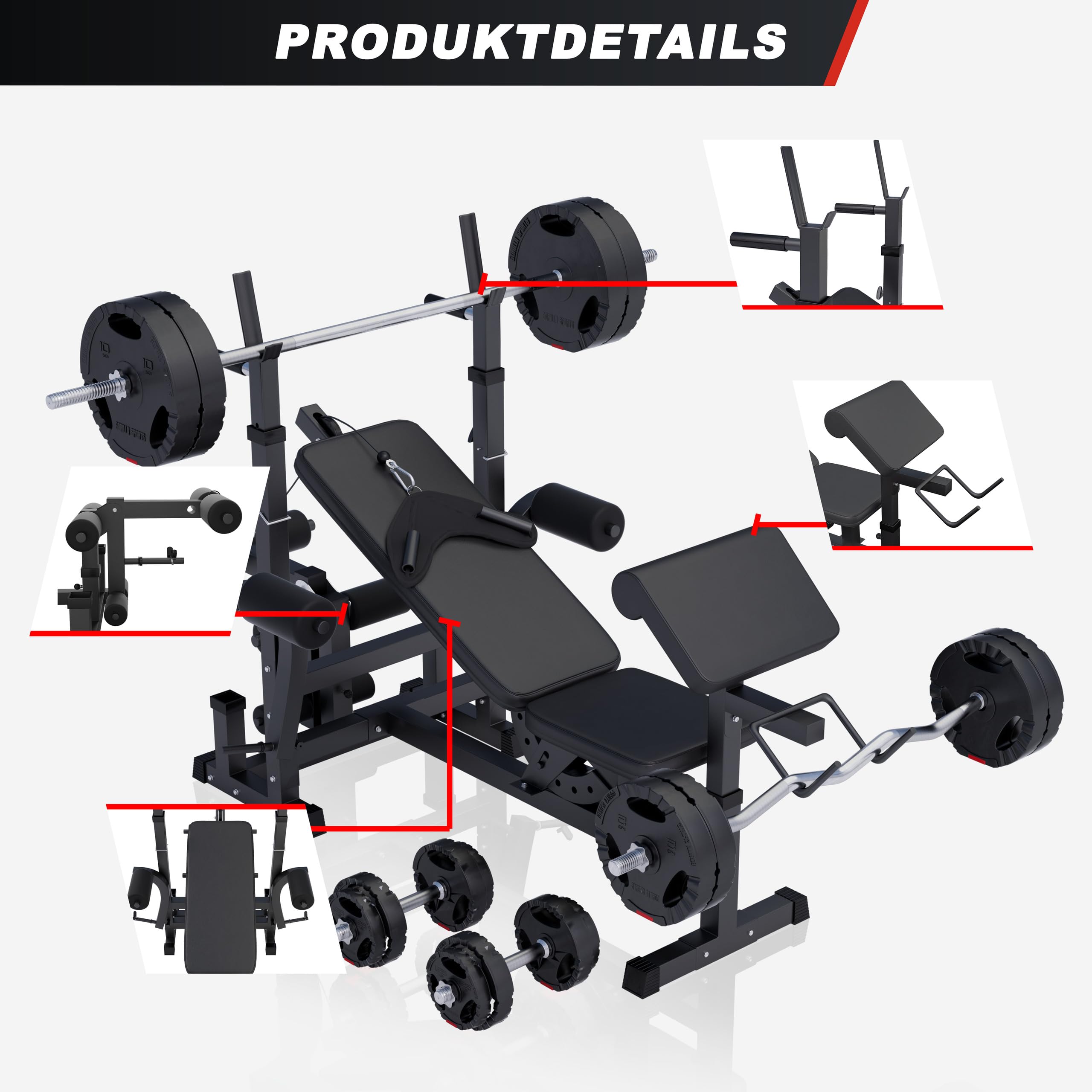 GORILLA SPORTS® Hantelbank mit 100 kg Hantelset und Latzug , Ablage | Mit verstellbarer, Dip-Station, Butterfly, Curlpult und Beincurler, bis 280 kg; Multifunktionsbank und Kraftstation