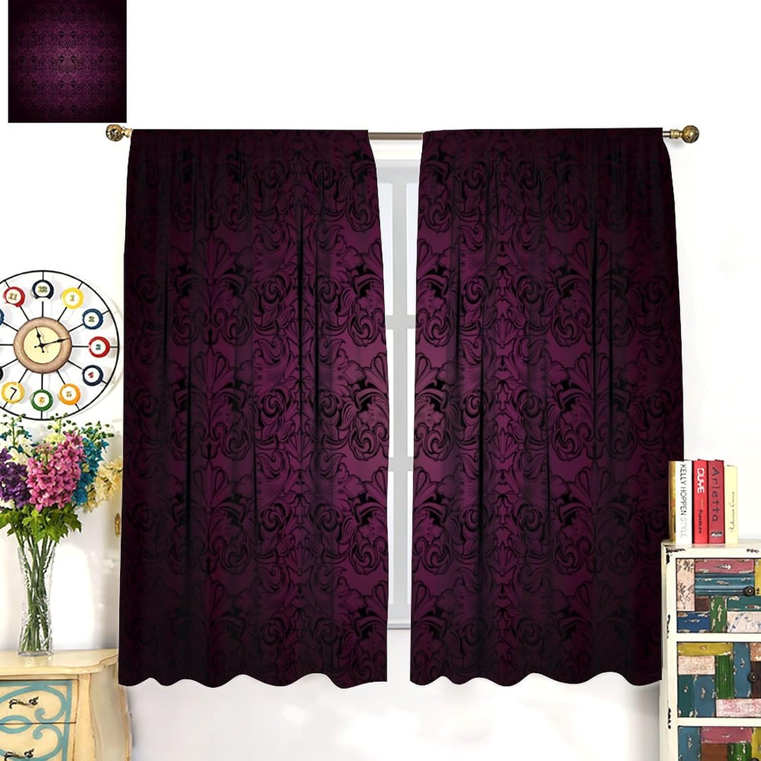 Damask Gothic Blackout Curtains for Kitchen,Set Antique Victorian Fabric Window Drapes,Vintage Purple Gothic Botanical Floral Print for Bedroom Living Room 84x84in