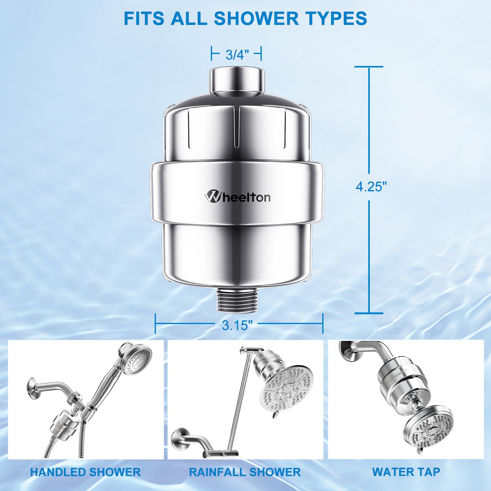 Wheelton Filtro de ducha – Filtro de cabezal de ducha de carbono comprimido mejorado para agua dura, elimina el cloruro para revitalizar la piel seca con picazón y vitamina C. Filtro de agua de ducha