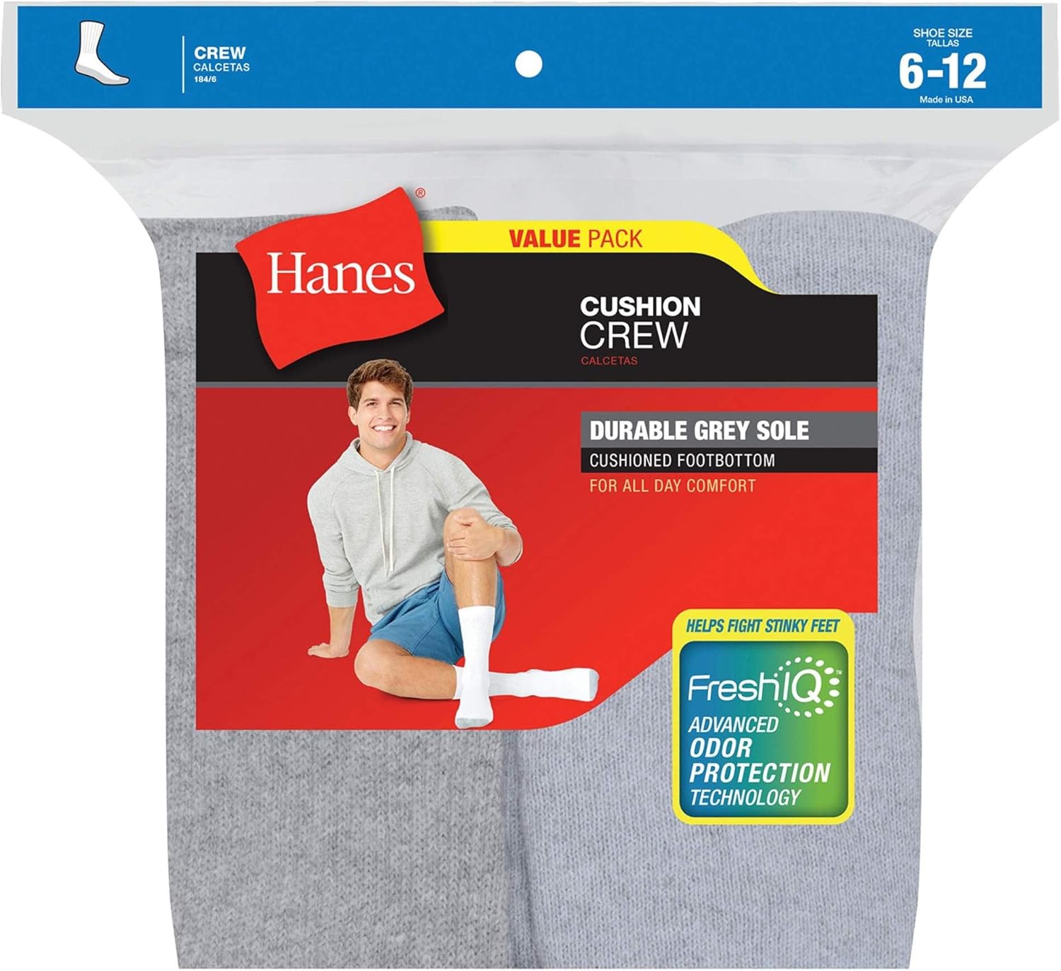 Hanes Men's FreshIQ Cushion Crew Socks Clothing, Shoes