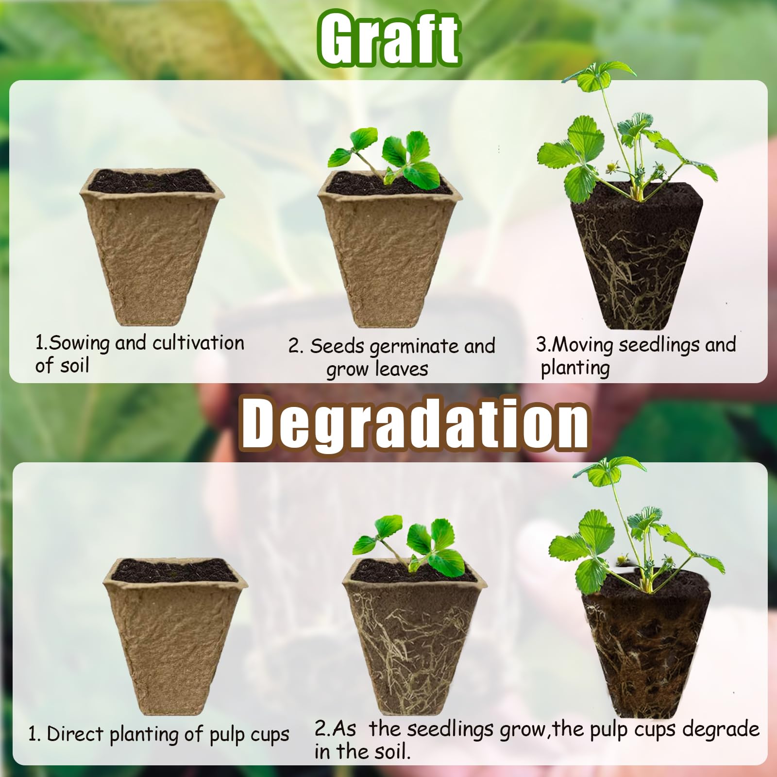 Macetas de Cultivo biodegradables cuadradas,24 Piezas Macetas Biodegradables para Plántulas y Trasplantes con 288 pcs Etiquetas de Plantas de Plástico para jardín, invernaderos o huertos
