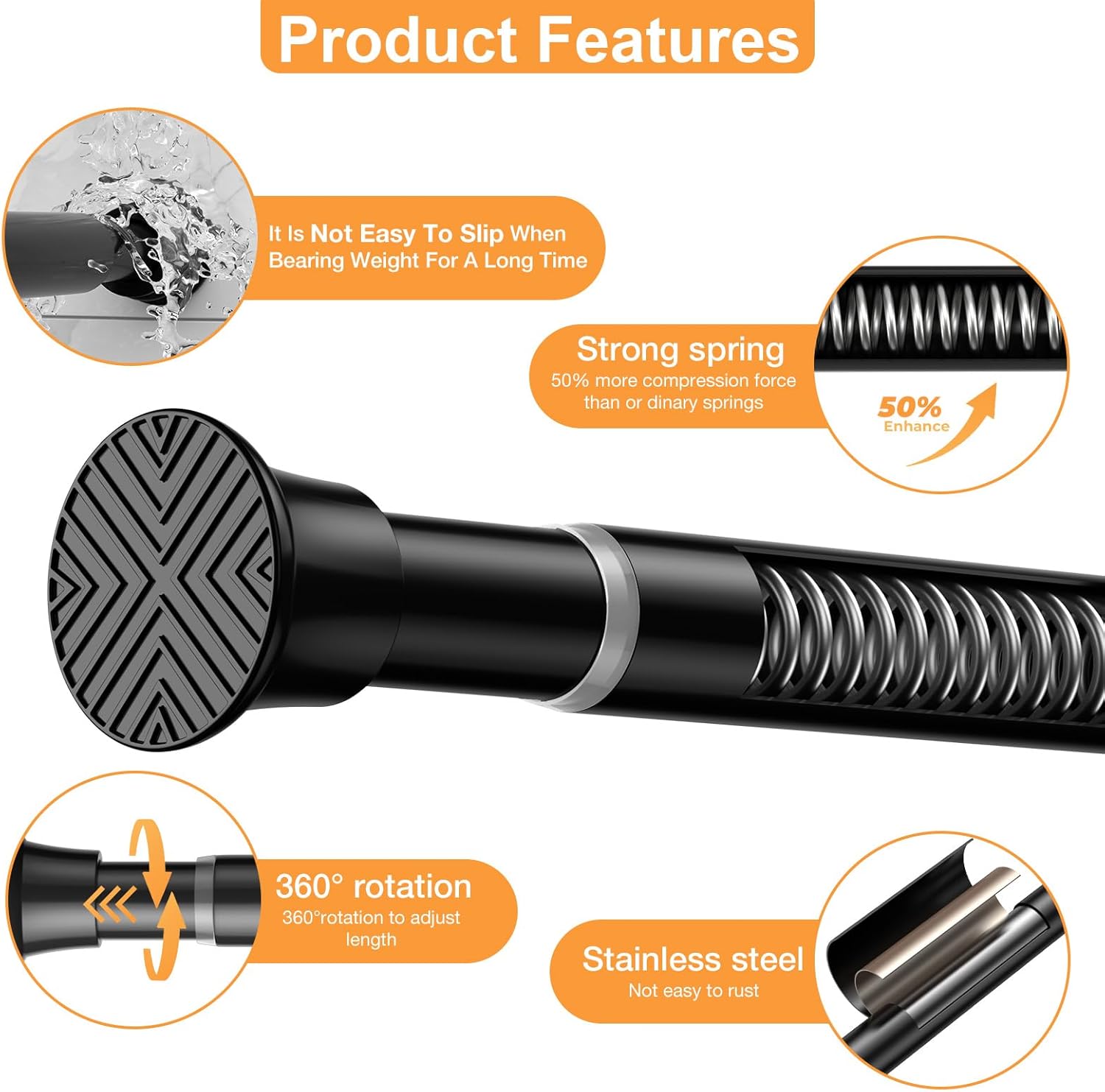 2Pack Spring Tension Curtain Rod 30 to 62Inch, Black Tension Rod for Windows Shower Curtain Rods No Drilling Expandable Adjustable Curtain Rods for Windows,Doorway,Bathroom,Closet,7/8" Diameter