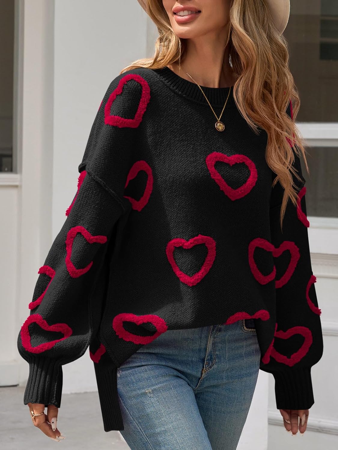 Saodimallsu Womens Heart Sweater Valentines Oversized Cute Winter Chunky Knit Crew Neck Side Slit Pullover Sweaters - Image 3