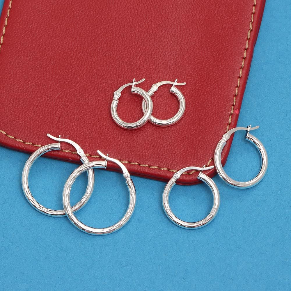 Charmsy Set of 3 Pairs 925 Sterling Silver Hoop Earrings for Women | Lightweight Italian 2.5mm Tube Diamond-Cut Classic Texured Click-Top Hoops Earring | Size 12/13/15/18/20/25mm
