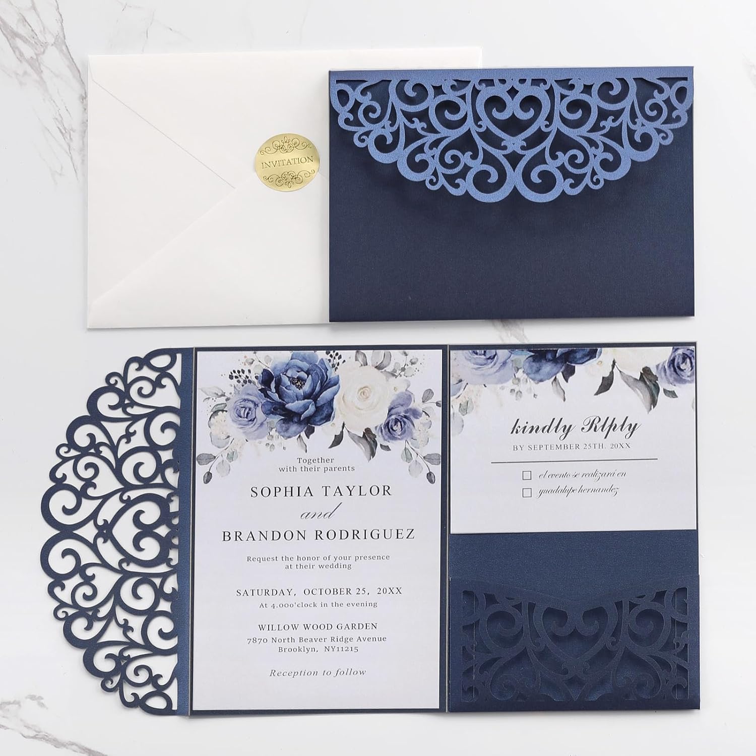Dark Blue Invitations Envelopes 5x7 Custom Wedding Invitation Cards and Rsvp Cards Birthday Invitations Laser Cut Pocket Hollow Heart Shape for Party Invitations Engagement Sweet 16 Quinceanera 50PCS