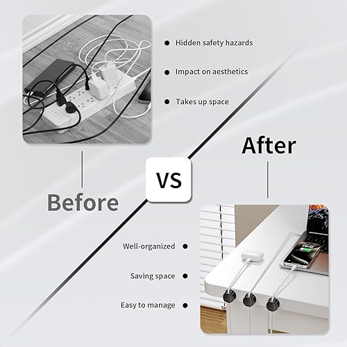 Miniatura 7 de FlyCoco Paquete de 12 clips magnéticos para cables, organizador de cables para escritorio, cable de carga de teléfono suave ajustable, organizador
