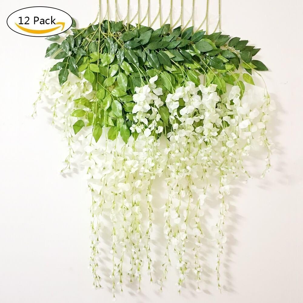 3.6 Feet Artificial Wisteria Vine Ratta Silk Hanging Flower for Wedding Decor,Garden,DIY Living Room,12 Pieces (White)