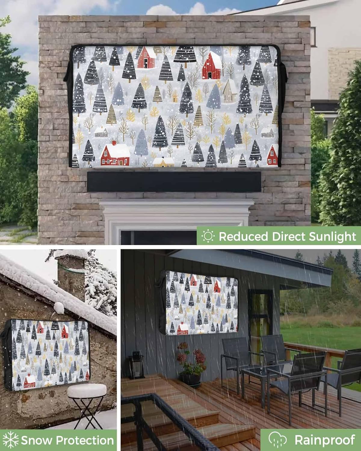 Christmas Tree Outdoor TV Cover 48"-50" - 600D Waterproof TV Cover Weatherproof TV Screen Protector Dustproof Winter Xmas Watercolor House Blue TV Display Protector for Outside Flat Screen TV