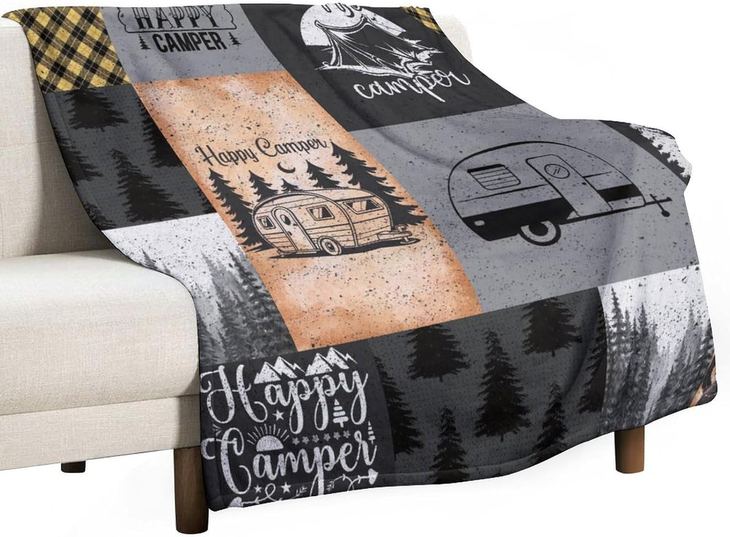 Happy Camping Blankets Kids Camper Botanical Tree Black Brown Camping Car Check Soft Warm Blankets for Couch, Sofa, Chair, Bed, Camping, Picnic, Travel 50"x70"