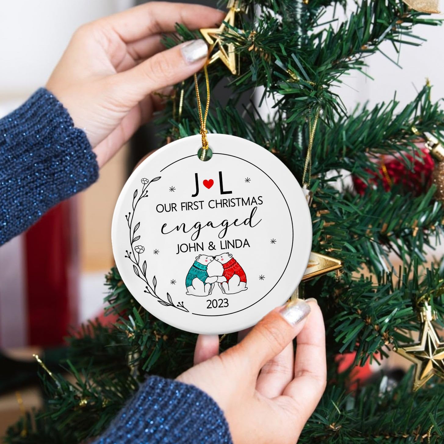 Polar Bear Couple Our First Christmas Engaged Ornament, Personalized Our First Christmas Engaged Ceramic Ornament, Custom Date & Names Couple Polar Bear Newly Engagement Ornament Gift for Xmas 2025