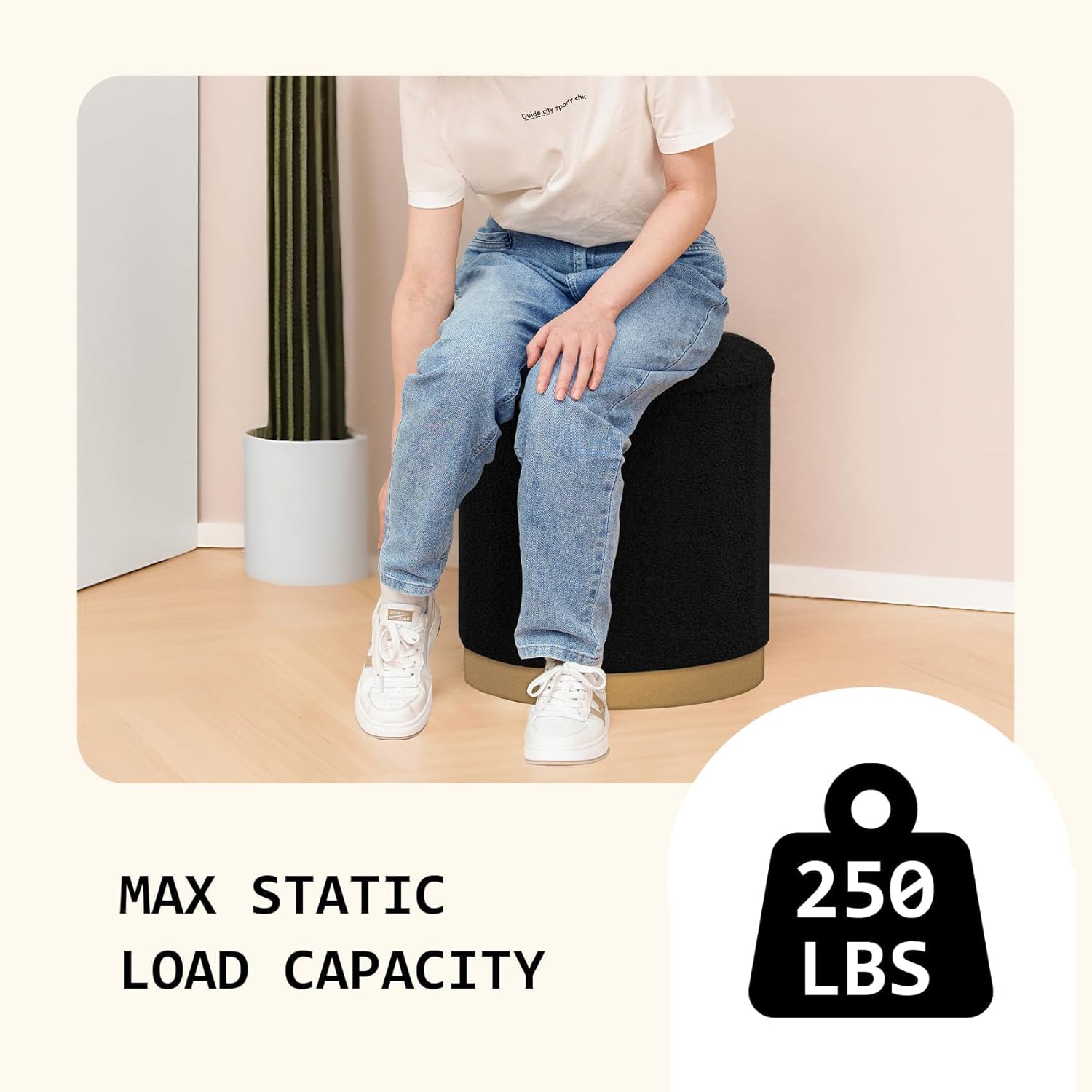 PINPLUS Large Round Black Boucle Storage Ottoman, 16.7"x16.7"x17.7" – Textured Teddy Ottoman with Hidden Storage, Modern Coffee Table for Living Room, 250 LBS Capacity