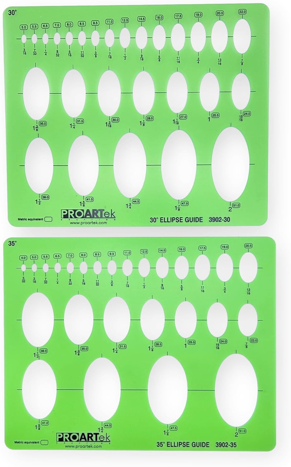 Proartek PK00046 Model 3902-2 Small Series Ellipse Template Set; 15 Durable Plastic Templates for Precise Drafting; 5/32" to 2" Ellipses; 10° to 80° Angles; 0.5mm Pencil Allowance