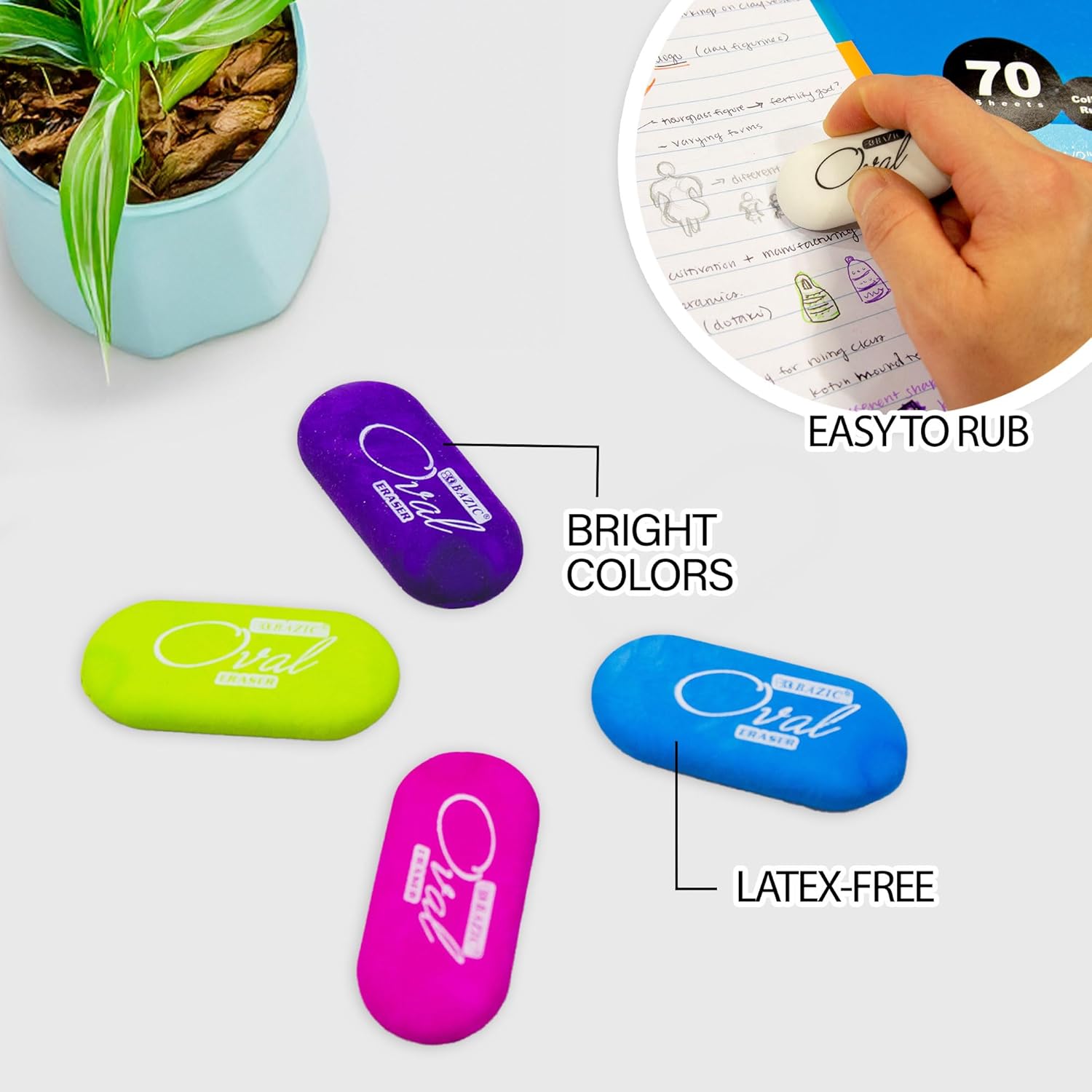 BAZIC Products Erasers, Bright Color Oval Eraser (4/Pack) Latex Free, Large Size Block Erasers for Art Drawing School Office Teachers, 24-Packs