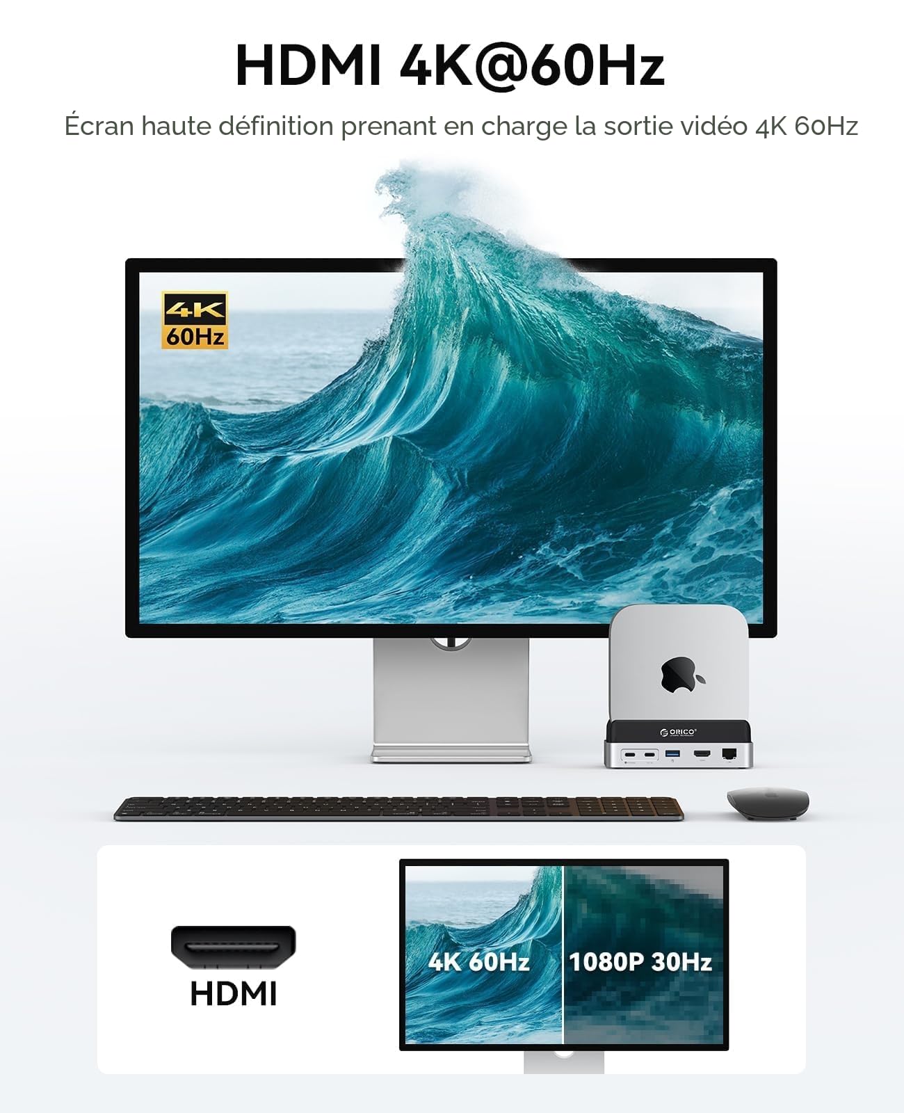 ORICO MiniDock Station d’Accueil pour Mac Mini M4/M4 Pro 2024, Support Vertical avec hub HDMI et boîtier SSD M.2 NVMe, 4K@60Hz HDMI, 10G USB A/C, 2×5G USB A, Charge USB-C, SD/TF, RJ45