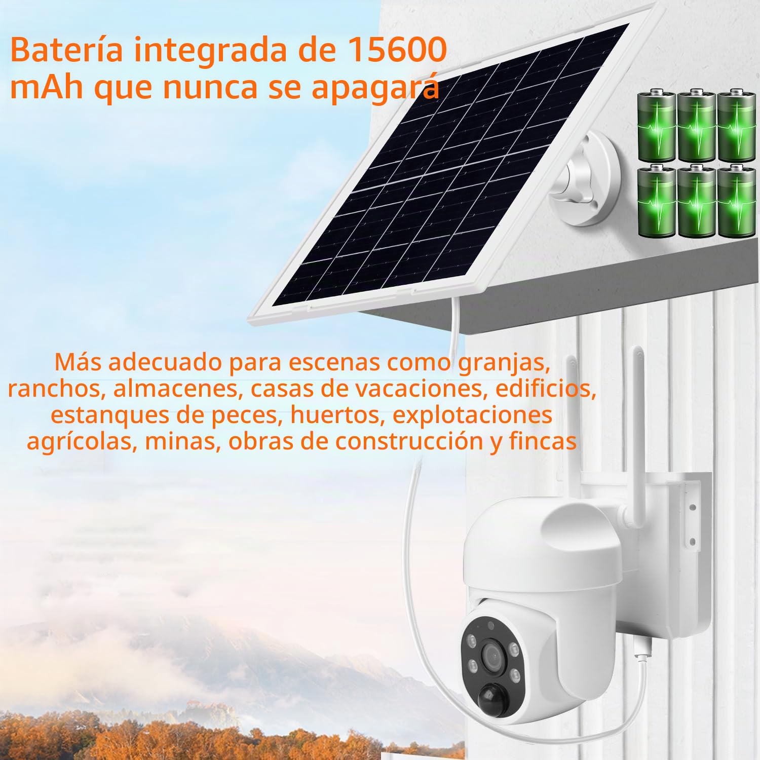Panel solar de 9W/5V con batería recargable integrada de 15600mAh, con cable de carga 3 en 1 de 5pies (micro USB, tipo C y conector DC3.5 x 1.35) para cámaras de seguridad y otros dispositivos