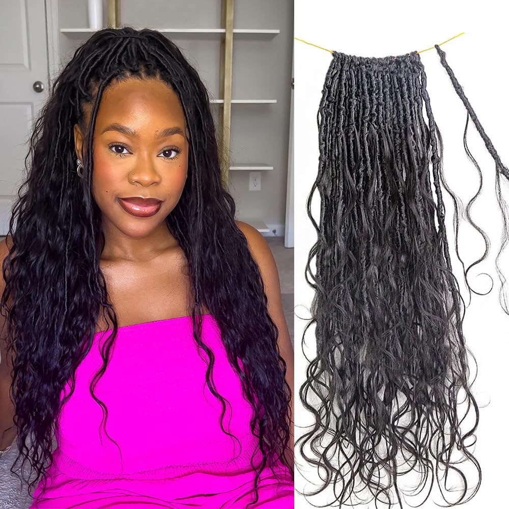 Body Wave Boho Faux Locs With Human Hair Curls Pre Looped Crochet Boho Braiding Human Hair Wavy End Goddess Locs Crochet Hair Extensions for Black Women 22Inch 48Locs