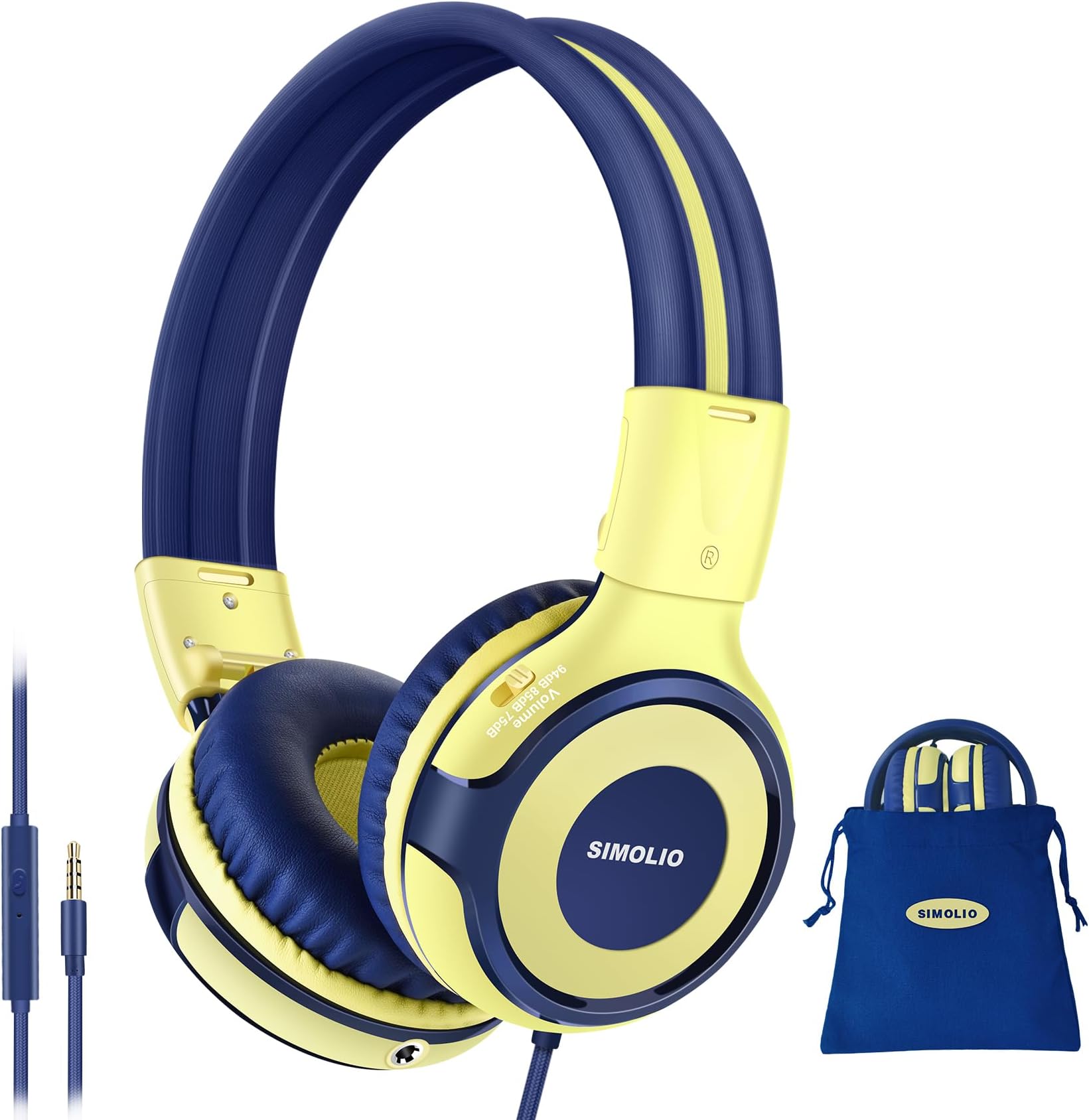 Kids Headphones with Microphone, 75dB-85dB-94dB Volume Limited Children Headphone with Share Port, On-Ear Wired Headset for PC, Tablet, Airplane Travel(Yellow)