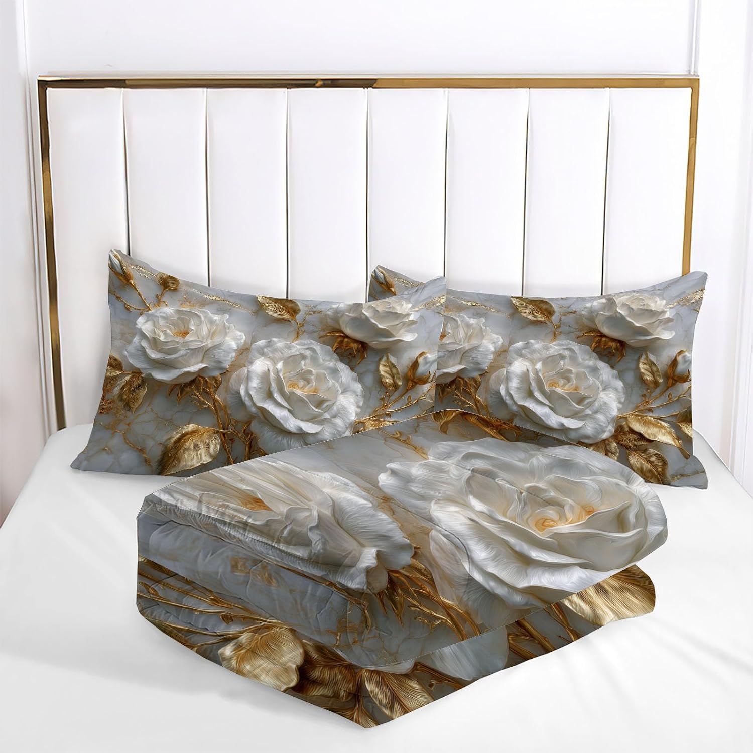 3D Flowers Comforter Set Twin Size, Luxury Rose Branches and Leaves Bedding Set for Girls Boys, Gold Quilt Bed 68"X90" Bedding Comforter Sets with 2 Pillowcase Room Decor