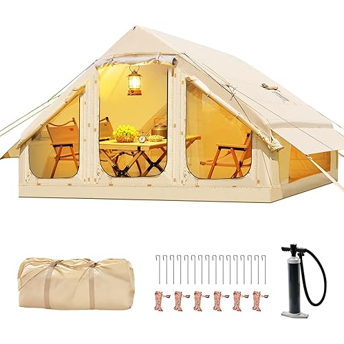 Inflatable Tents for Camping, Blow Up Tent with Hand Pump, Easy Setup Inflatable Hot Tent with Stove Jack, Waterproof Oxford Air Glamping Tents for Camping Adult 4 Person Upgrade Version