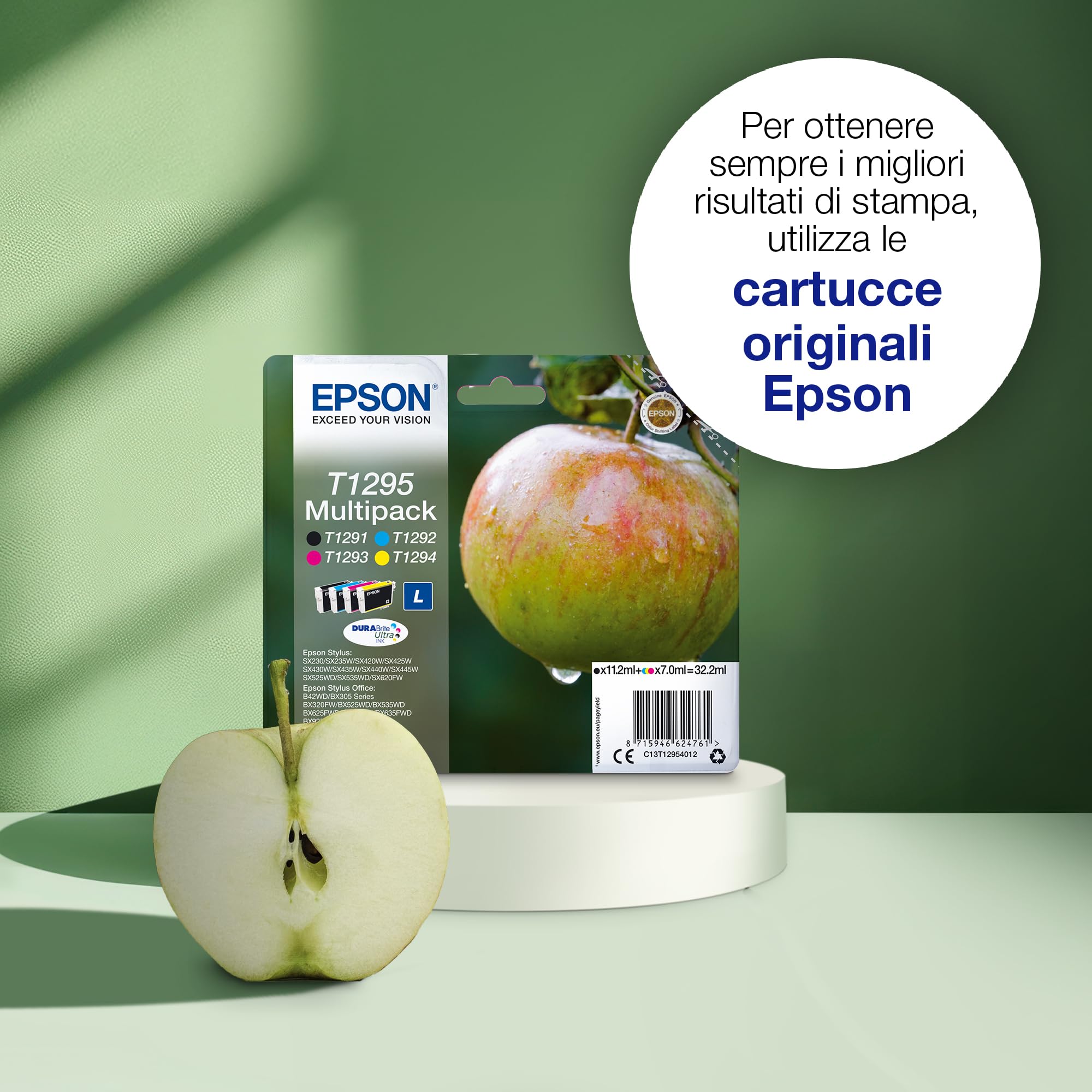 Epson Multipack di cartucce originali DURABrite Mela T129 EasyMail, con imballaggio alternativo alla plastica ridotto - 4 colori: Cartuccia nero, ciano, magenta, giallo - 1 x 11,2 ml, 3 x 7 ml