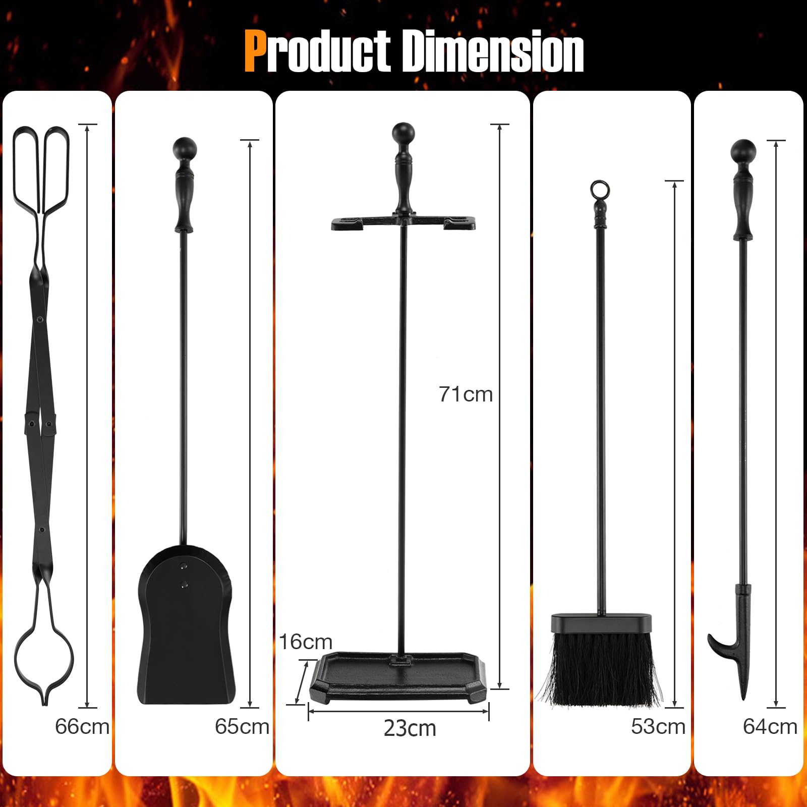 Juego de 5 piezas para chimenea de hierro forjado con soporte, pinzas, pala, cepillo y póquer, accesorios para estufa de carbón (natural + negro, 4 ganchos, base redonda)