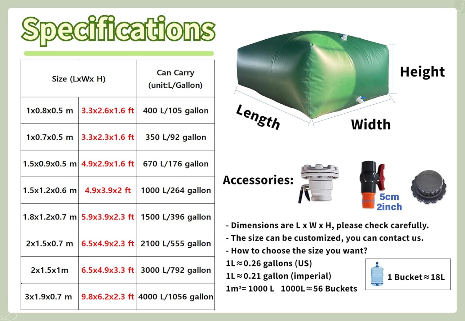 Carrier Camping Rv Winter Feeding Livestock,Emergency Water Storage Container Portable Folding Water Tank 100 200 500 1000 Gallons, Green(1.5x1.2x0.6 m 1000 L/264 Gallon)