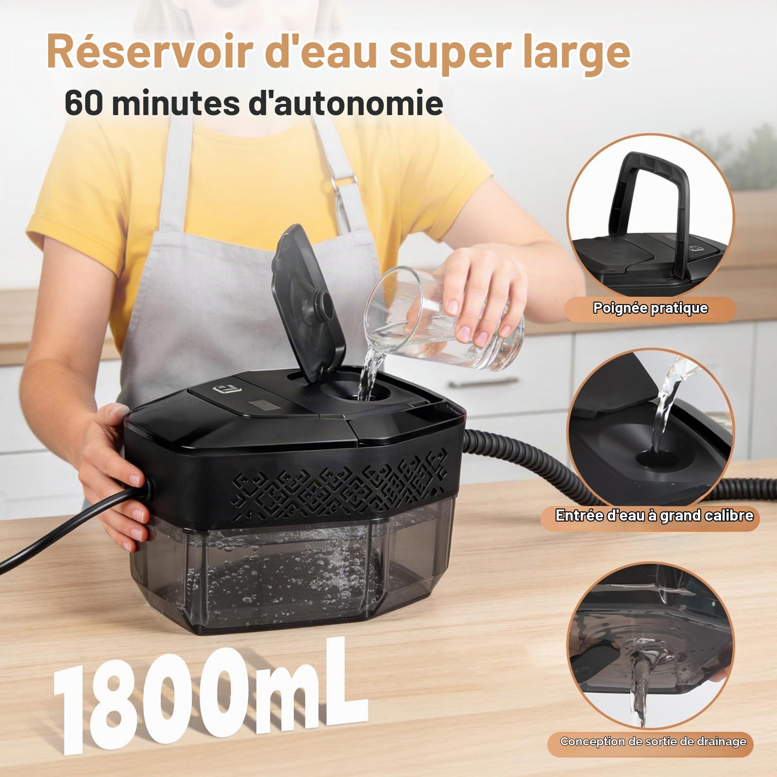 Nettoyeur Vapeur, Nettoyeur à Vapeur Portable 1500W Basse Pression, Chauffage Rapide 15s, Réservoir d’eau 1,8L, 12 Accessoires Inclus,Cuisine & Voiture, Noir（Appuyez longuement sur 3s pour démarrer）