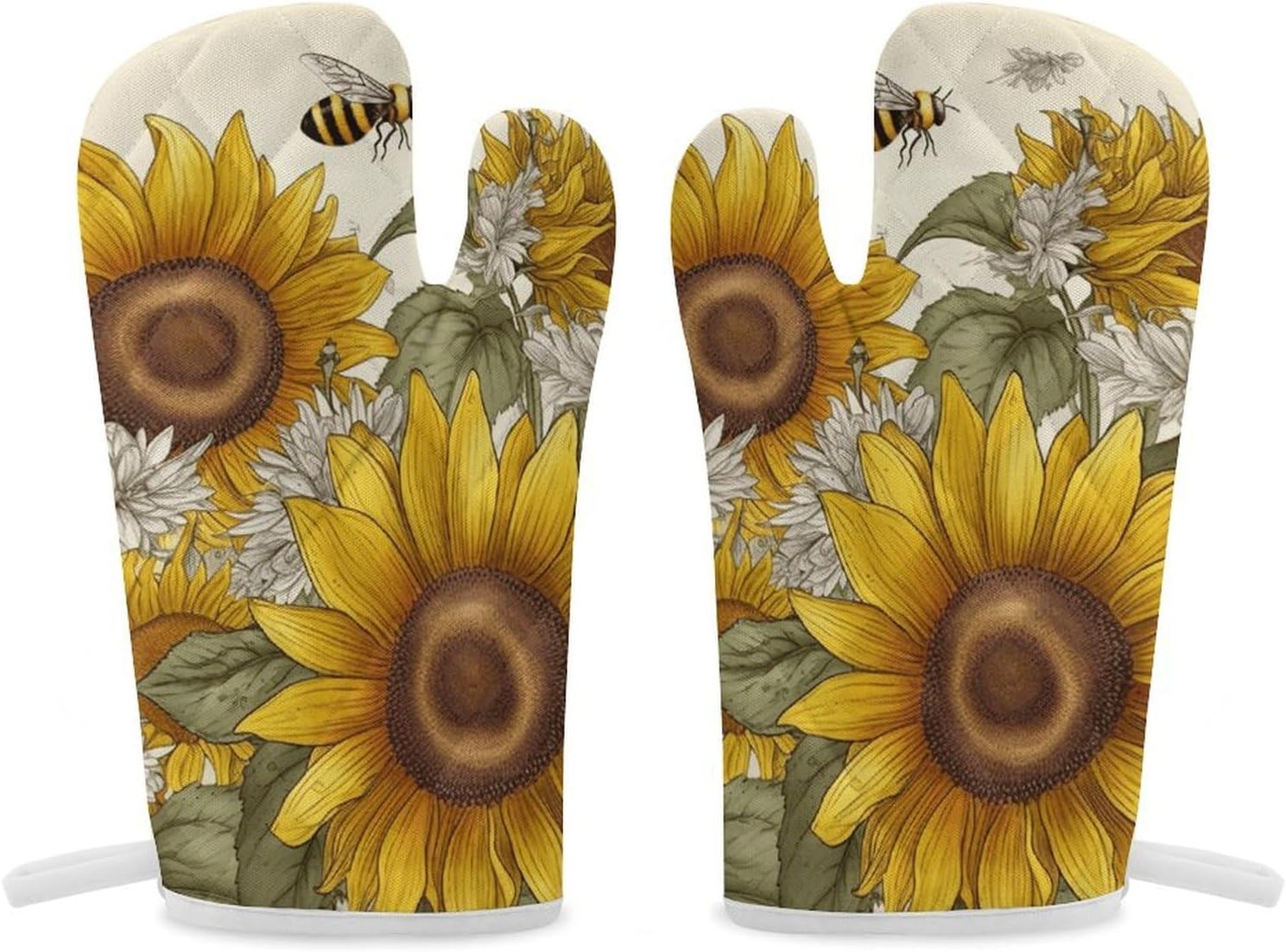2 Pcs Oven Mitts Heat Resistant Kitchen Gloves Soft Safety Bees Sunflowers Daisy Rose Flowers Oven Glove for Microwave, Barbecue