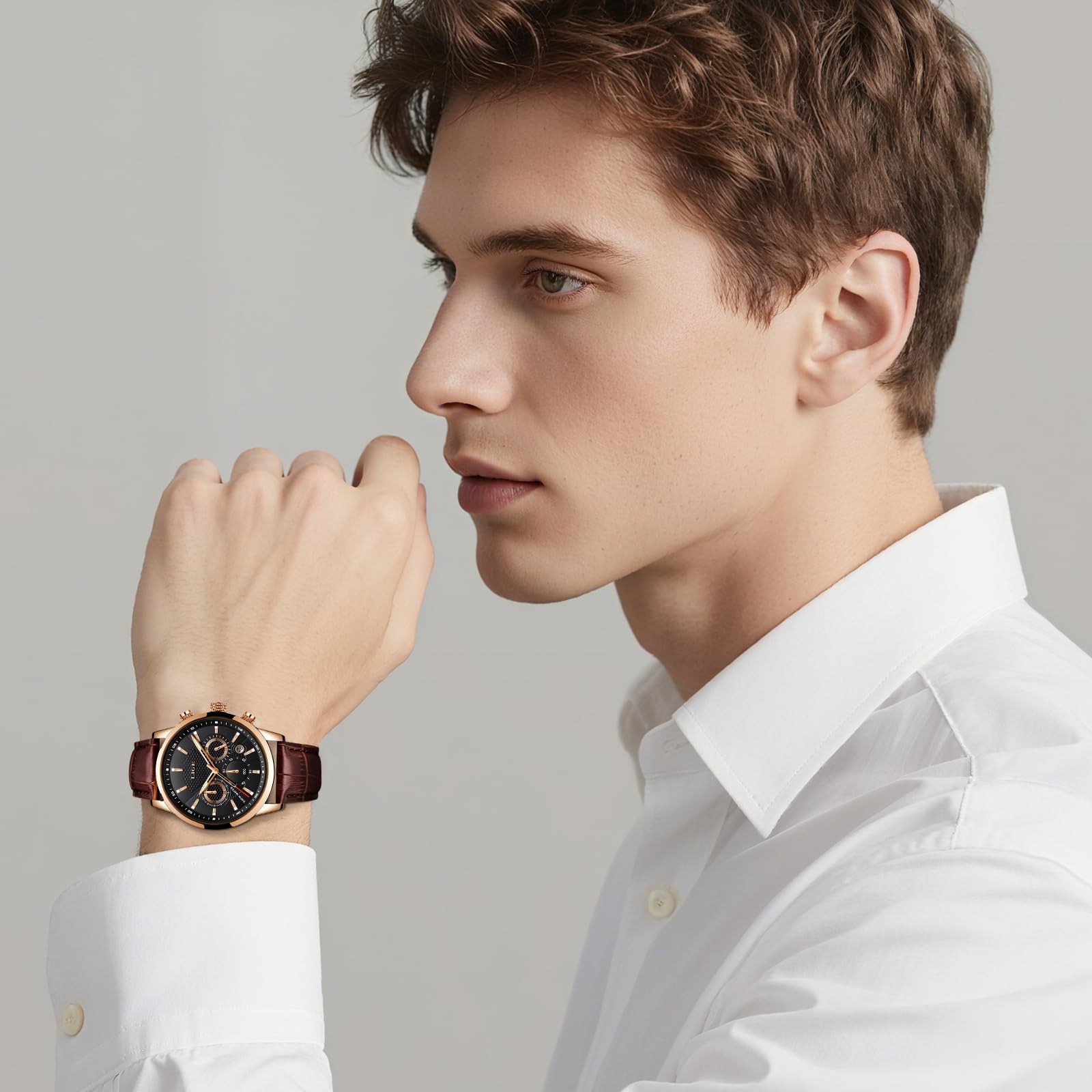 LIGE Orologio Uomo Mode Elegant Acciaio Inossidabile Pelle Impermeabile Analogico Quarzo Classico Cronografo